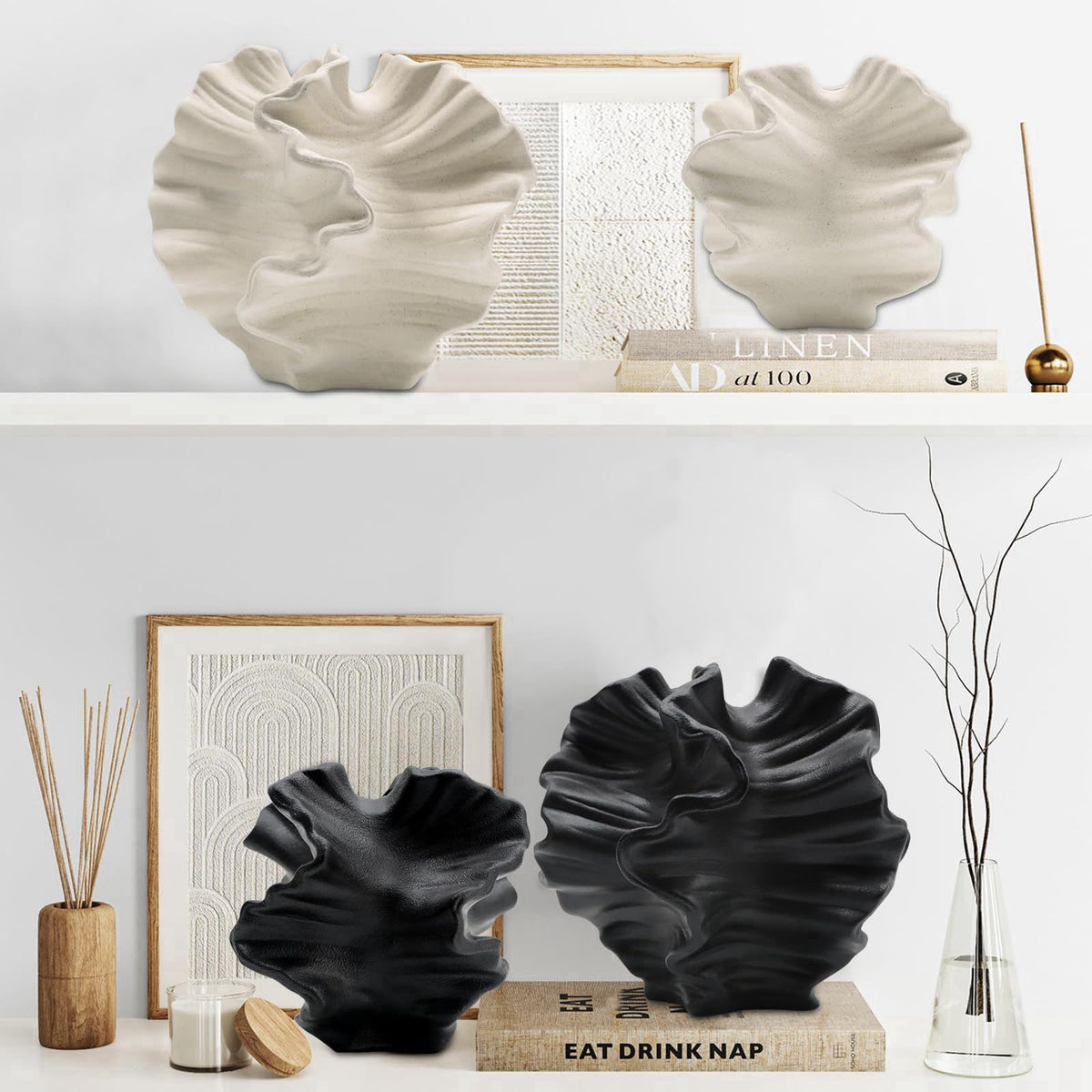 LZV Ceramic Vase - Set of 2 for Home Decor,Black Flower Shape Pampas Vases Minimalist Nordic Boho Style for Modern Farmh