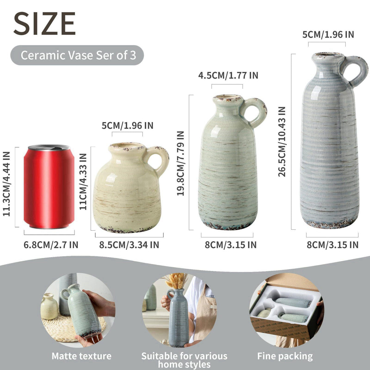 ooit Ceramic Vase Set of 3 | Neutral Vase Home Decor with Handle | Pottery Modern Farmhouse Vases Pampas Grass Flower Va