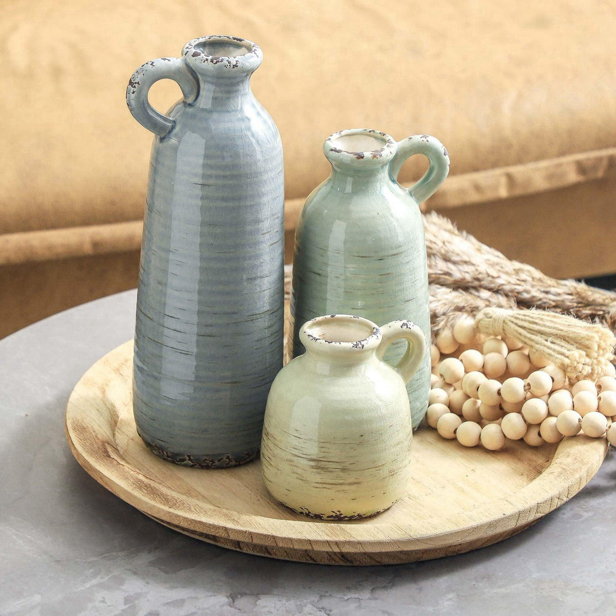 ooit Ceramic Vase Set of 3 | Neutral Vase Home Decor with Handle | Pottery Modern Farmhouse Vases Pampas Grass Flower Va
