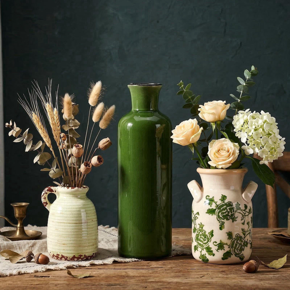 LTXHXVS Ceramic Vases Set of 3,Green & Beige Farmhouse Vintage Rustic Vase – product photo (Vases)