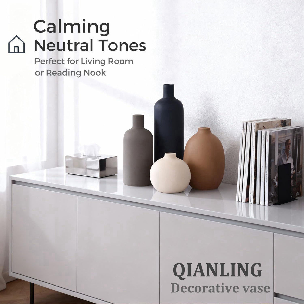 QIANLING Ceramic Vase Set of 4, Modern Vases Home Decor, Neutral Decorative Vase for Bouquet Pampas Grass Dried Fresh Fl