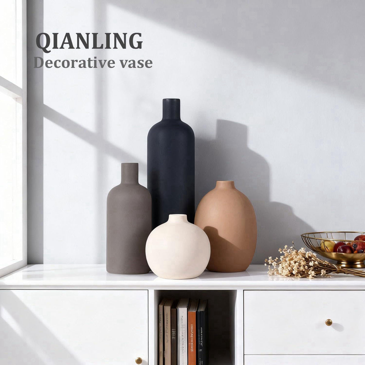 QIANLING Ceramic Vase Set of 4, Modern Vases Home Decor, Neutral Decorative Vase for Bouquet Pampas Grass Dried Fresh Fl