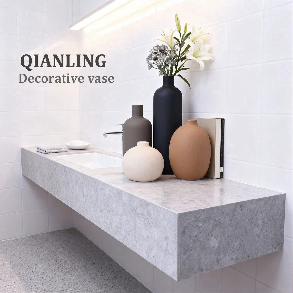 QIANLING Ceramic Vase Set of 4, Modern Vases Home Decor, Neutral Decorative Vase for Bouquet Pampas Grass Dried Fresh Fl