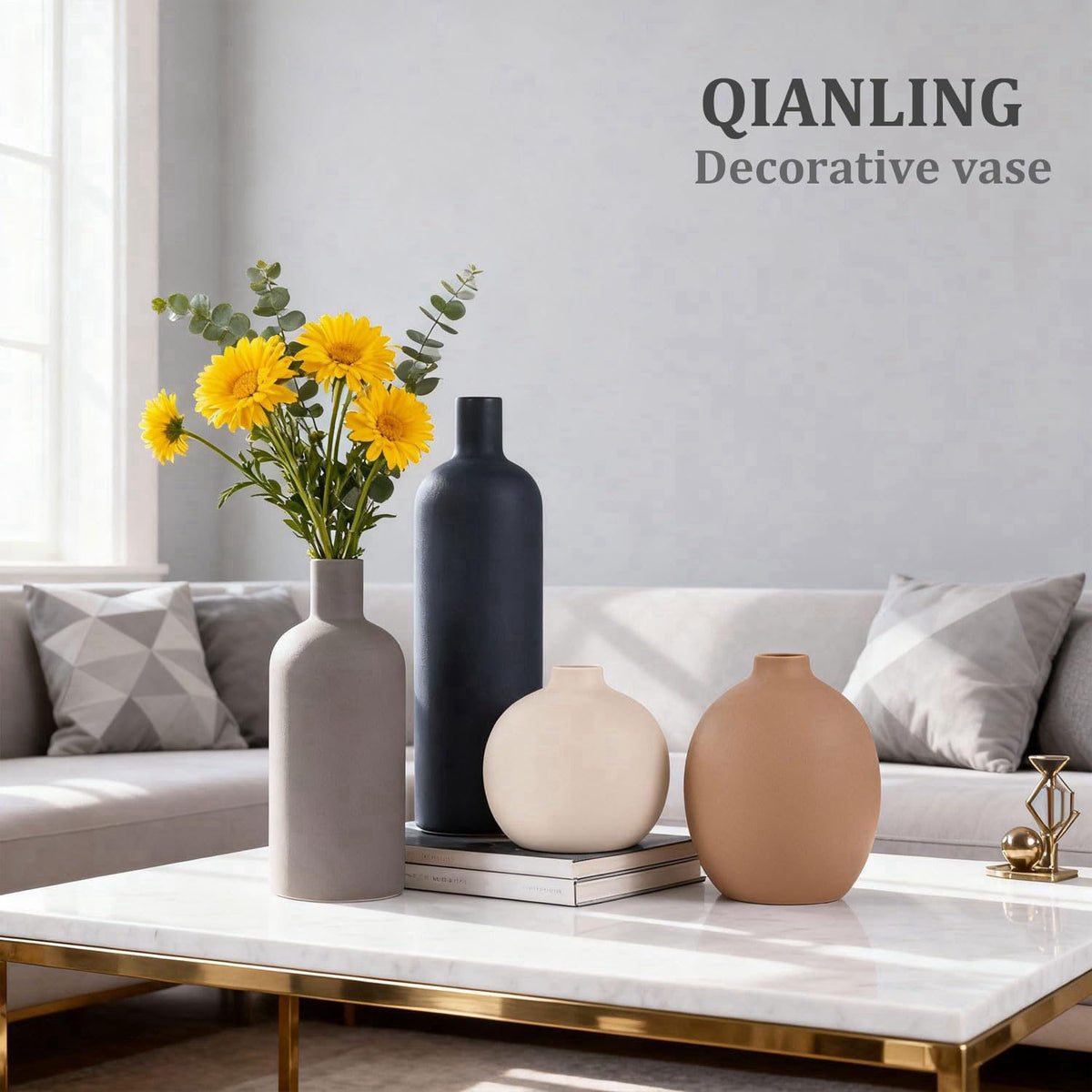 QIANLING Ceramic Vase Set of 4, Modern Vases Home Decor, Neutral Decorative Vase for Bouquet Pampas Grass Dried Fresh Fl