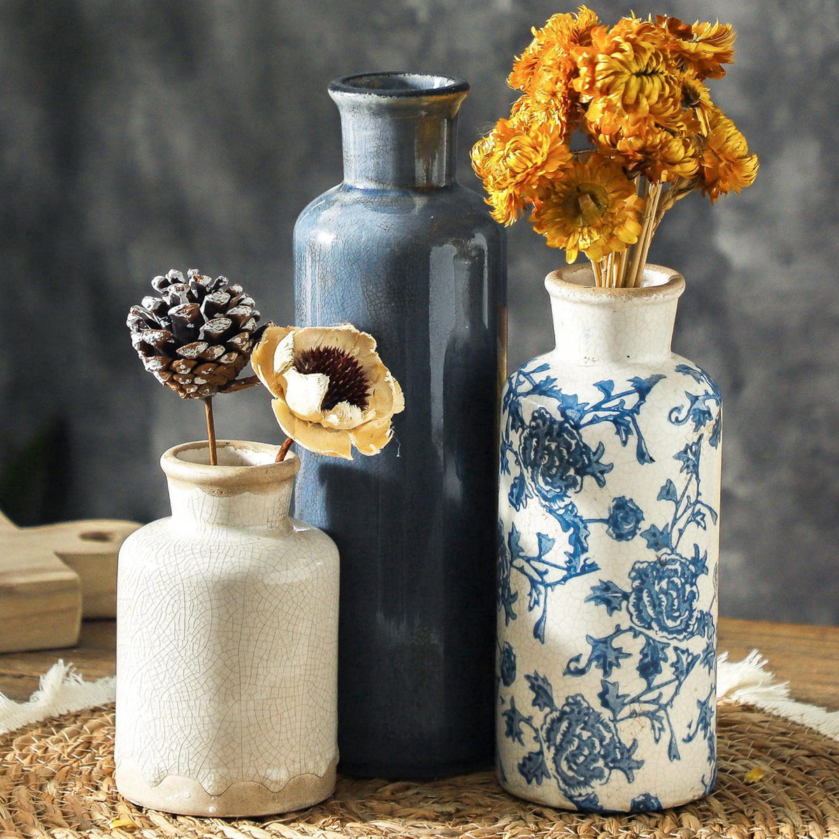 ooit Ceramic Vintage Vases Set of 3, Blue and White Flower Decorative Vase Chinoiserie Decor Rustic Farmhouse Retro Flor