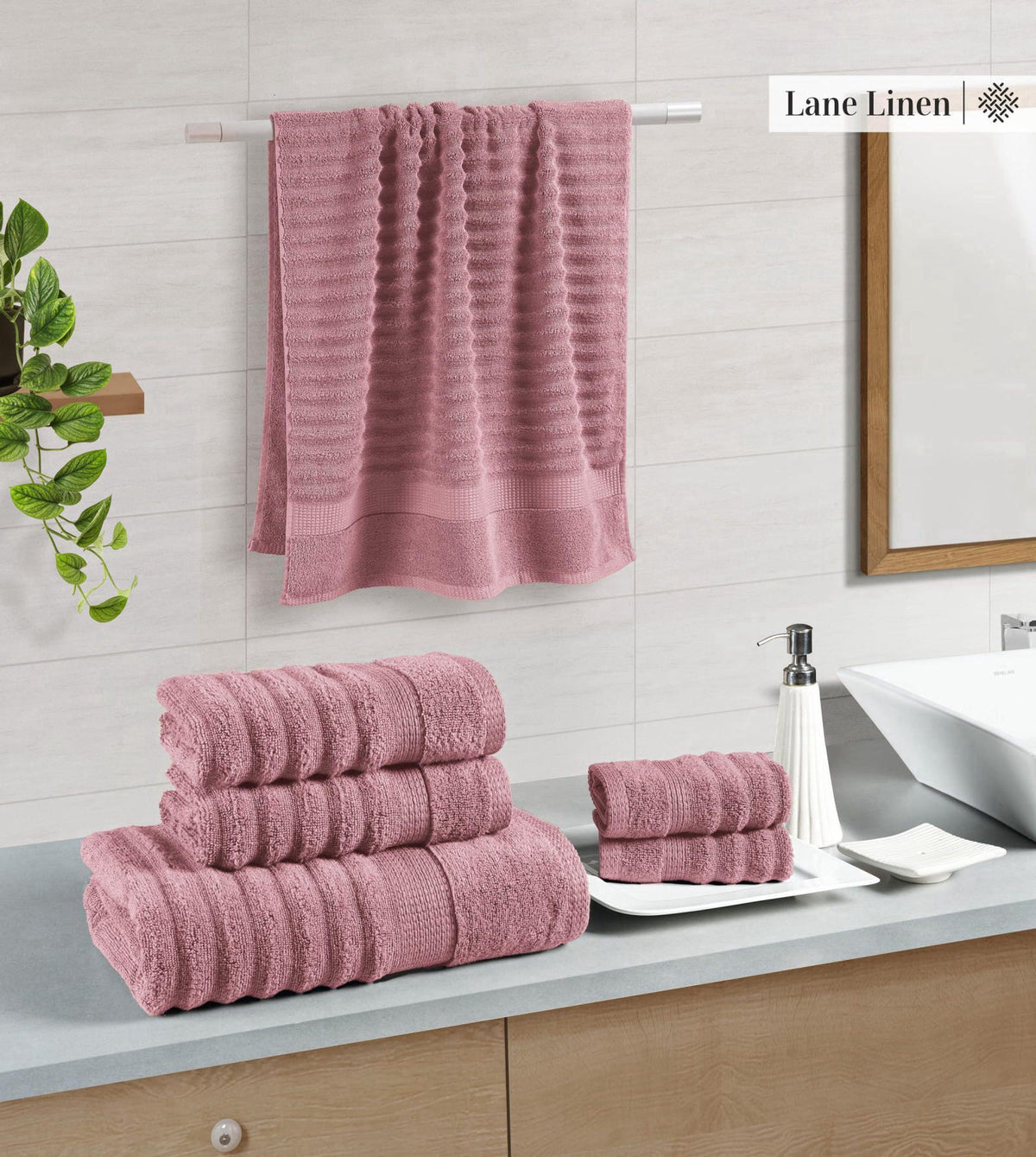 LANE LINEN Bath Towel Set Absorbent Quick Dry 100% Cotton - Wishful Mauve – close-up detail in 6 8 8 11 10 4
