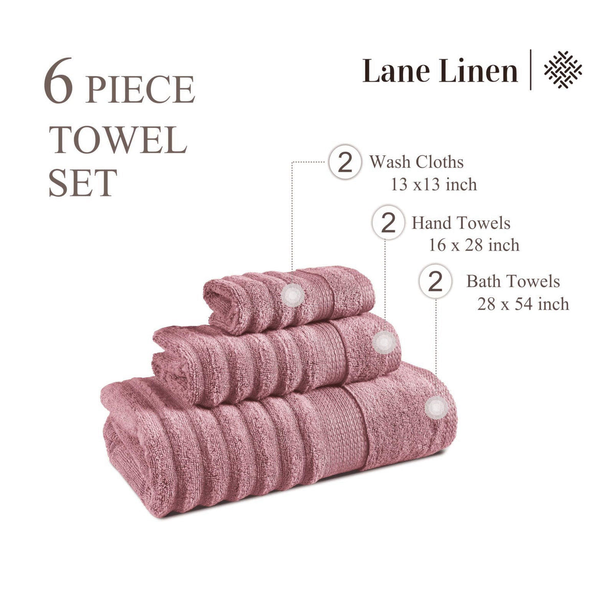 LANE LINEN Bath Towel Set Absorbent Quick Dry 100% Cotton - Wishful Mauve – full view, size Bath Towel - 28" x 54&#
