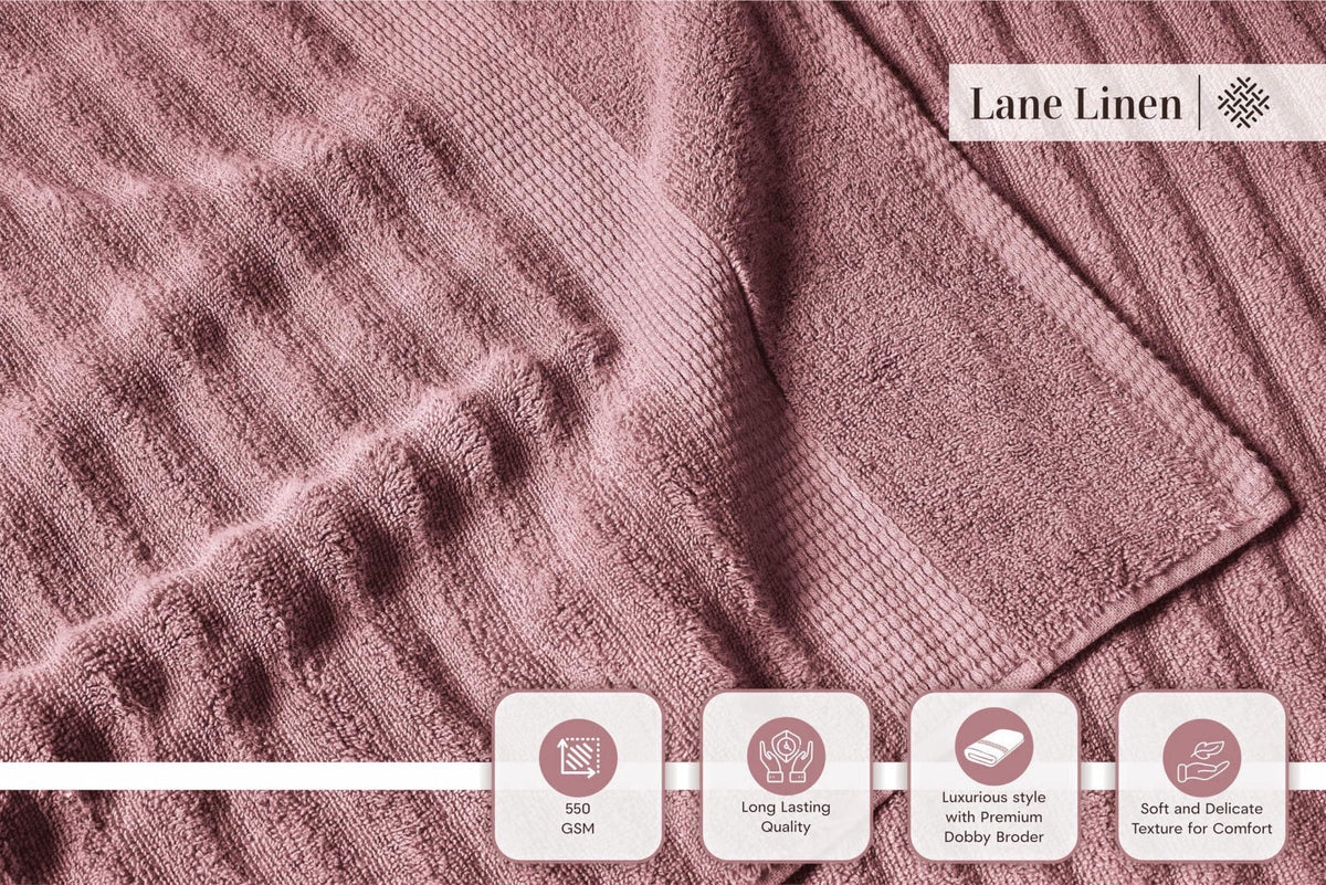 LANE LINEN Bath Towel Set Absorbent Quick Dry 100% Cotton - Wishful Mauve – back view and specifications