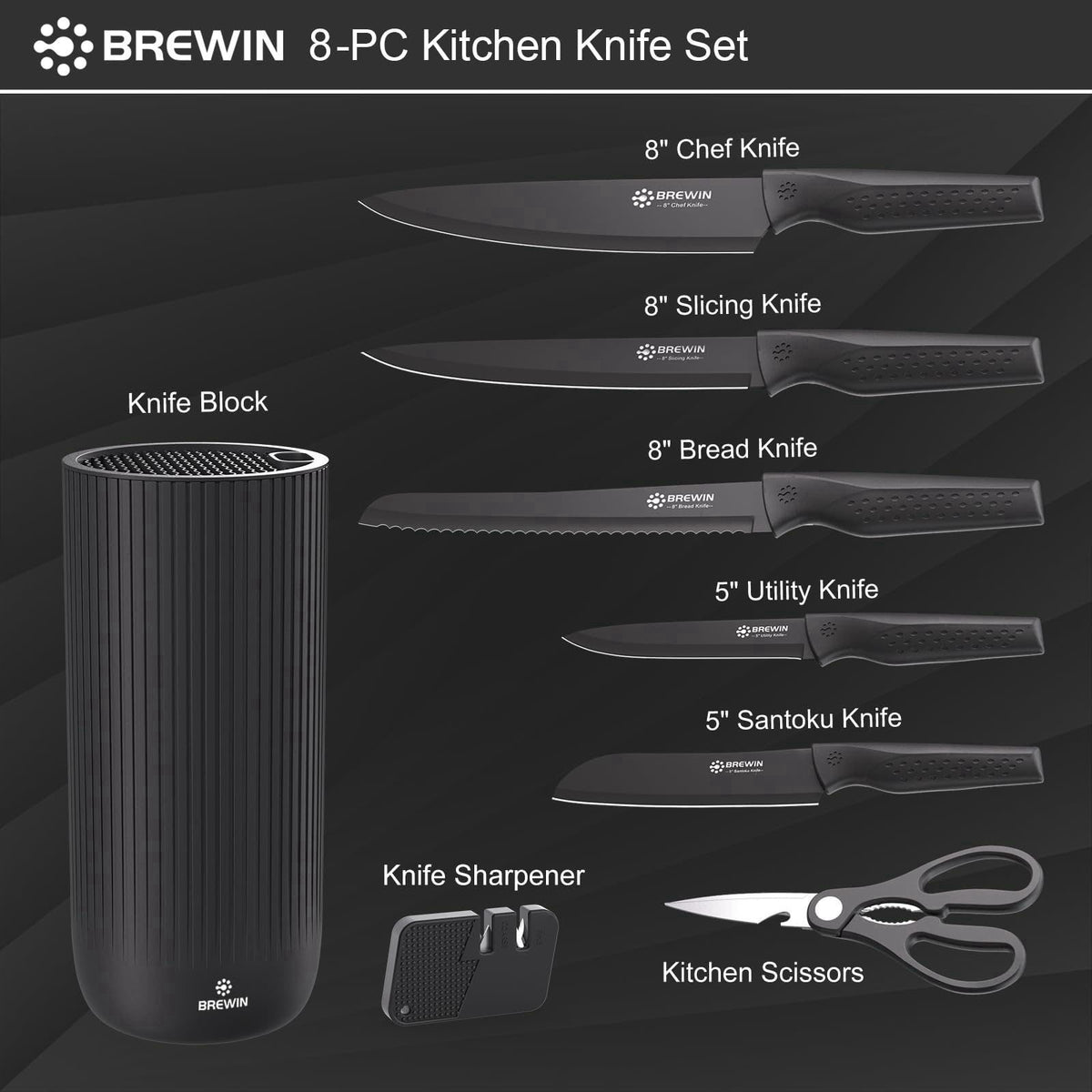 Brewin Knife Set, 8PC Kitchen Knife Set with Universal Block and Scissors – back view and specifications