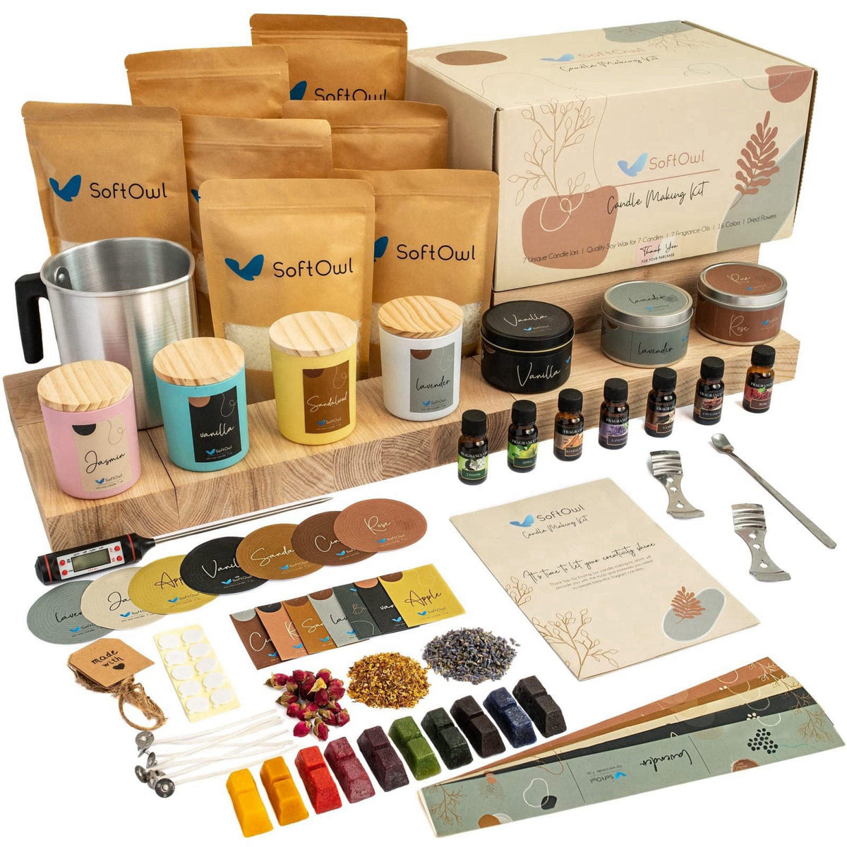 SoftOwl Premium Soy Candle Making Kit - Full Set - Soy Wax, Big 7oz Jars & Tins, 7 Pleasant Scents, Color Dyes & More - 