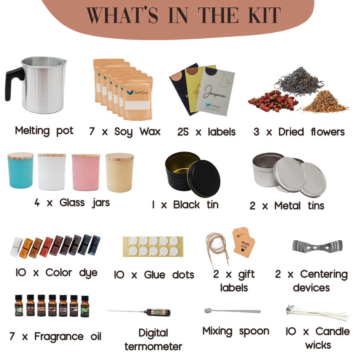 SoftOwl Premium Soy Candle Making Kit - Full Set - Soy Wax, Big 7oz Jars & Tins, 7 Pleasant Scents, Color Dyes & More - 