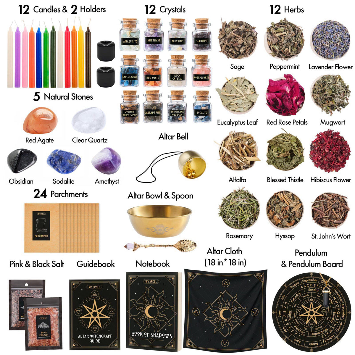 Wyspell Large Witchcraft Kit - 77 PCS - Altar Spell Set - Witchy Gifts – packaging and label