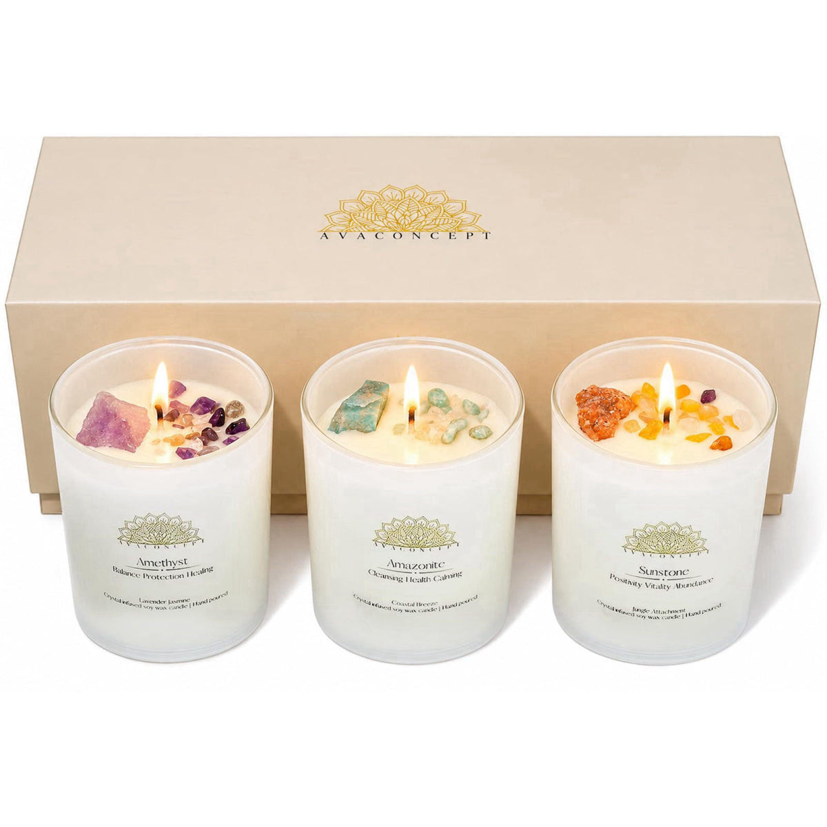 ava concept Healing Crystal Candle Gift Set, Amethyst, Amazonite, Sunstone – Amethyst, 3 3 3