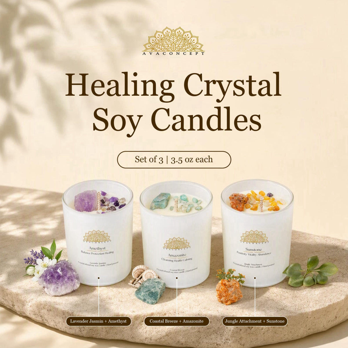 ava concept Healing Crystal Candle Gift Set, Amethyst, Amazonite, Sunstone – packaging and label