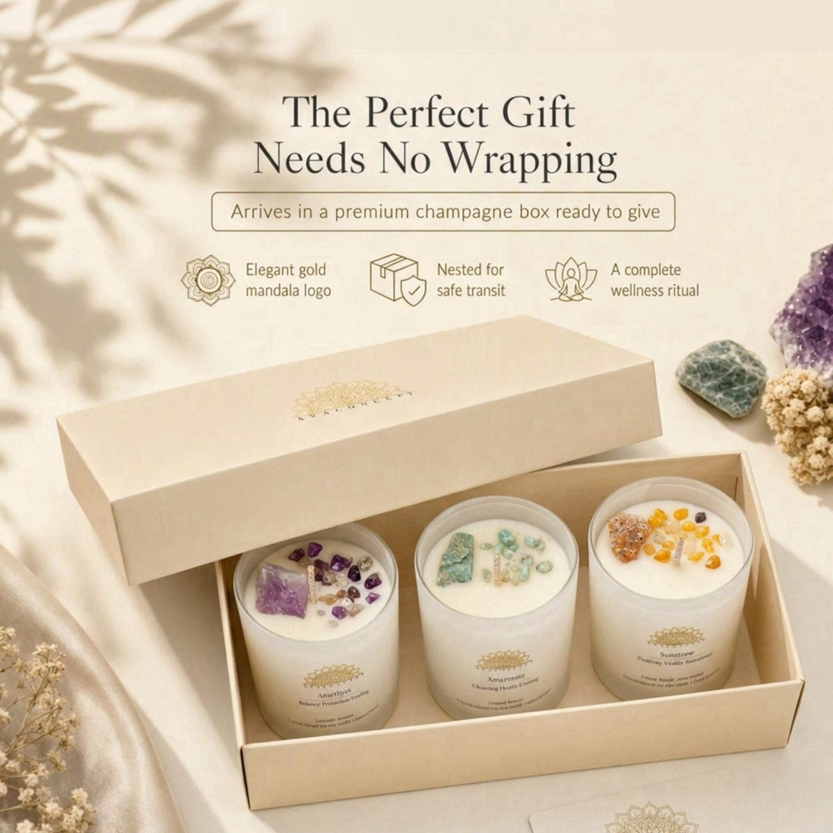 ava concept Healing Crystal Candle Gift Set, Amethyst, Amazonite, Sunstone – full view