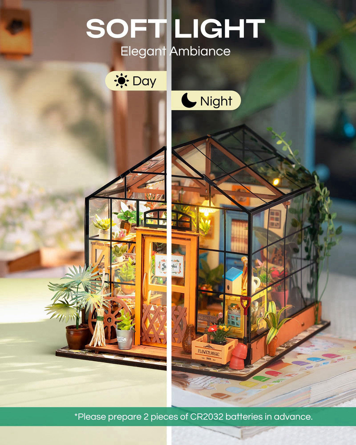 Rolife Greenhouse DIY Miniature Dollhouse Kit Creative Gift for Adults – back view and specifications