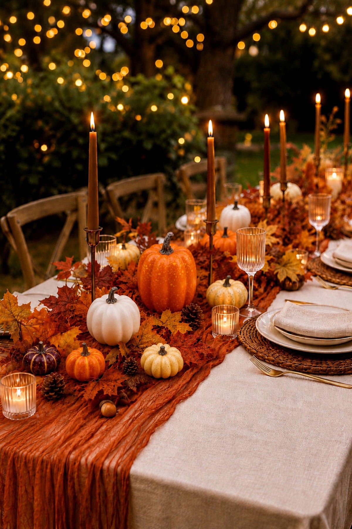 TIKIRUGI Fall Table Decor Set - Table Runner, Pumpkin Decor & Fall Garland Leaves – Orange, Brown, White, Yellow, Red, B