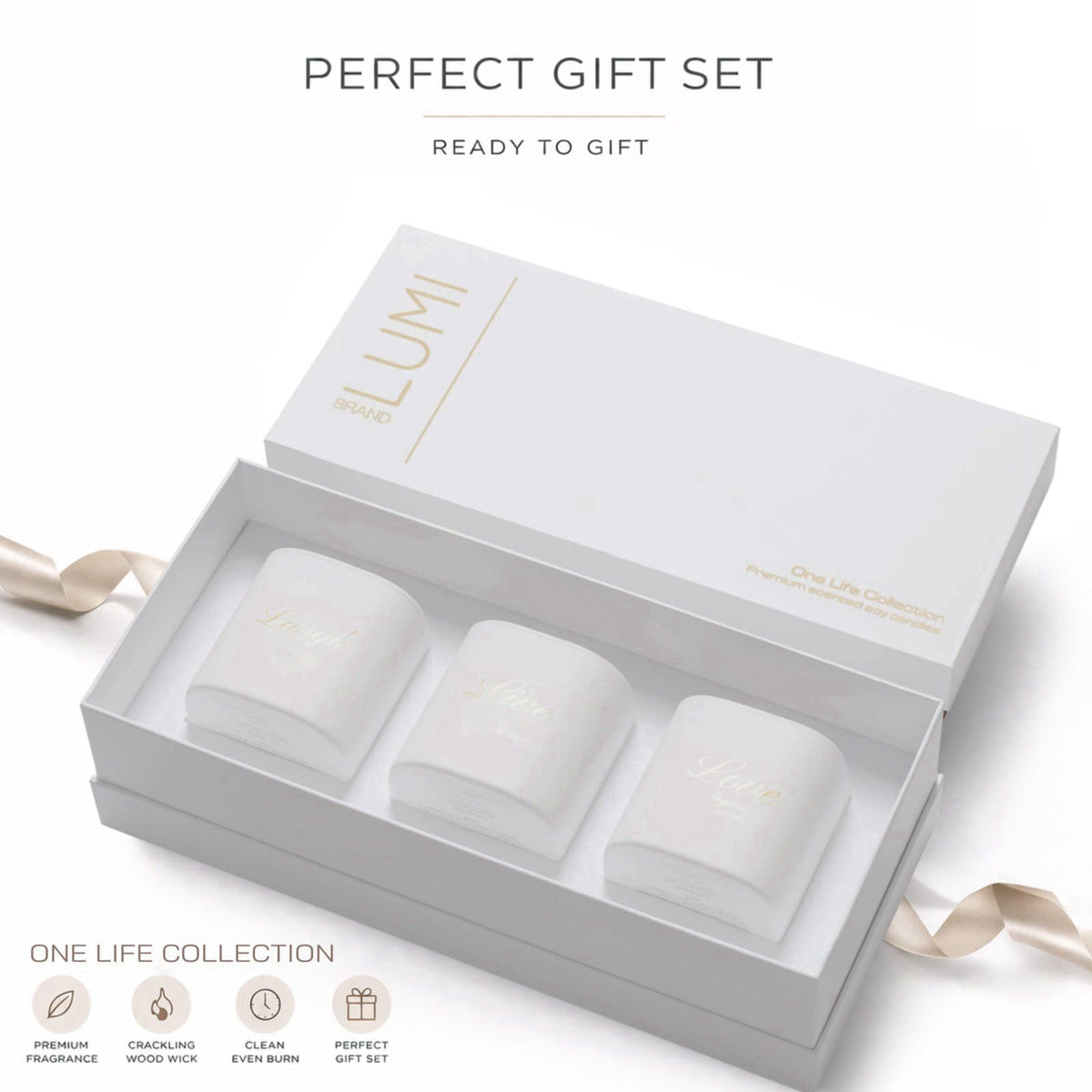 Lumi Brand Set of 3 Premium Scented Soy Candles Gift Set | One Life Collection - Orange Blossom, White Tea & White Bloom