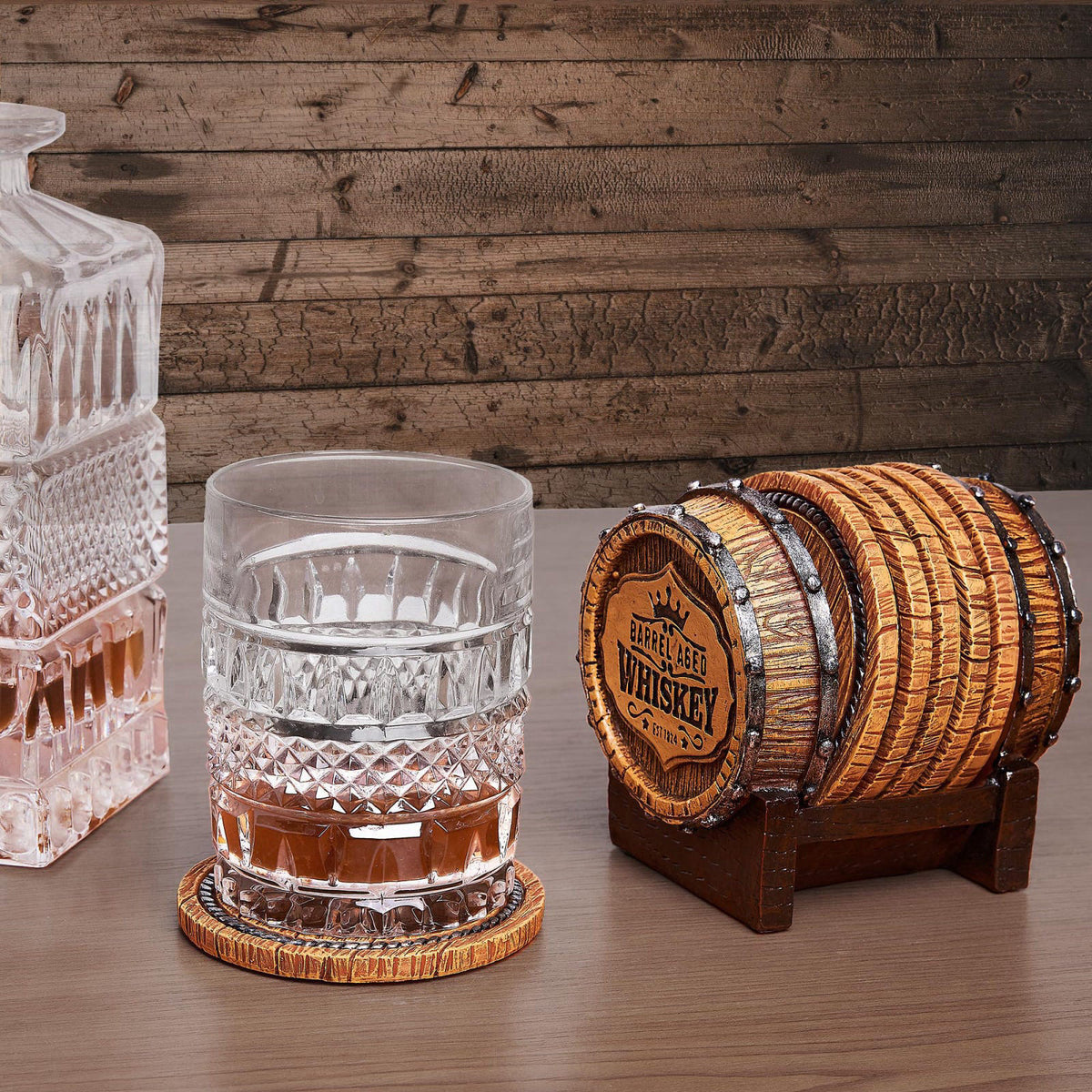 Cabin Obsession Whiskey Barrel Coasters Set of 6 - Bar Coasters & Whiskey Gifts for Men – close-up detail