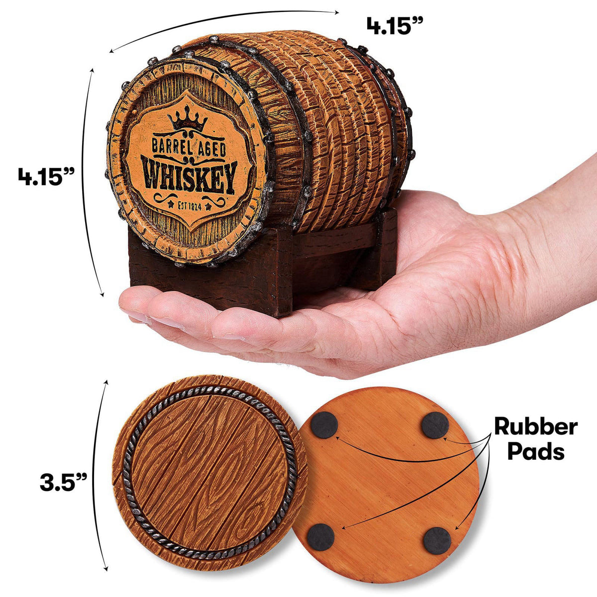 Cabin Obsession Whiskey Barrel Coasters Set of 6 - Bar Coasters & Whiskey Gifts for Men – packaging and label