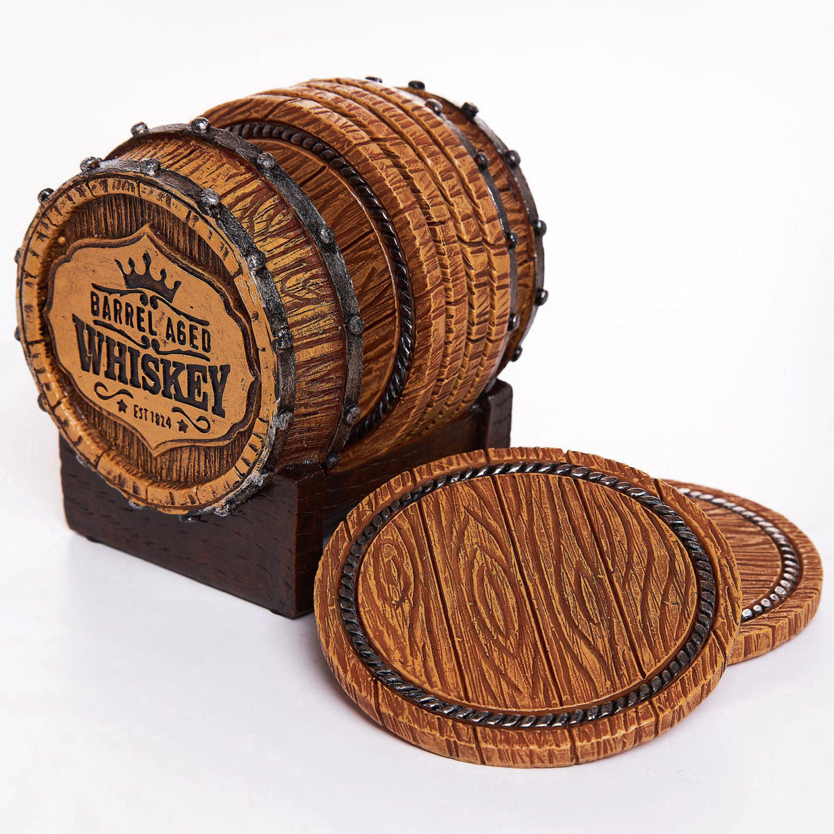 Cabin Obsession Whiskey Barrel Coasters Set of 6 - Bar Coasters & Whiskey Gifts for Men – full view
