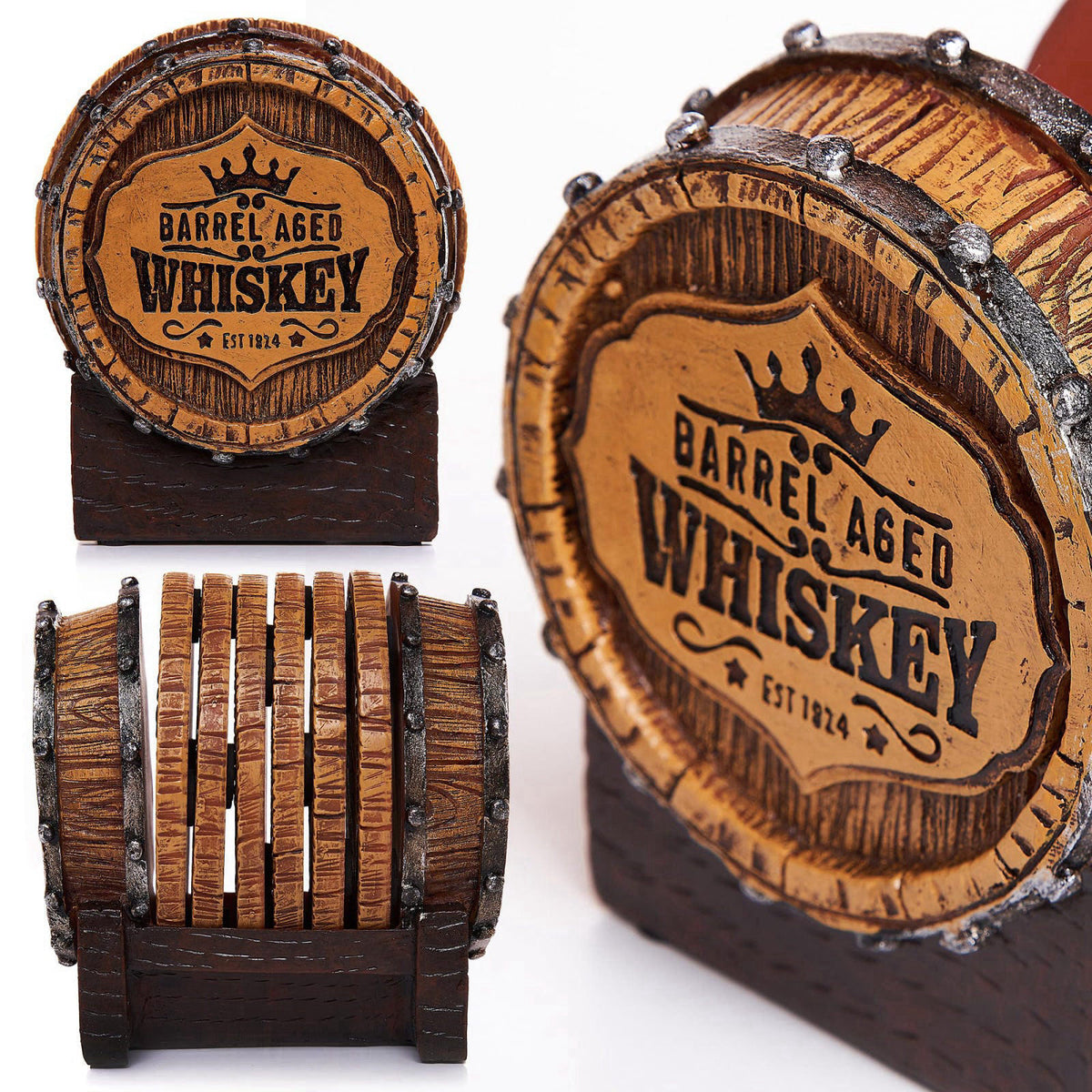 Cabin Obsession Whiskey Barrel Coasters Set of 6 - Bar Coasters & Whiskey Gifts for Men – back view and specifications