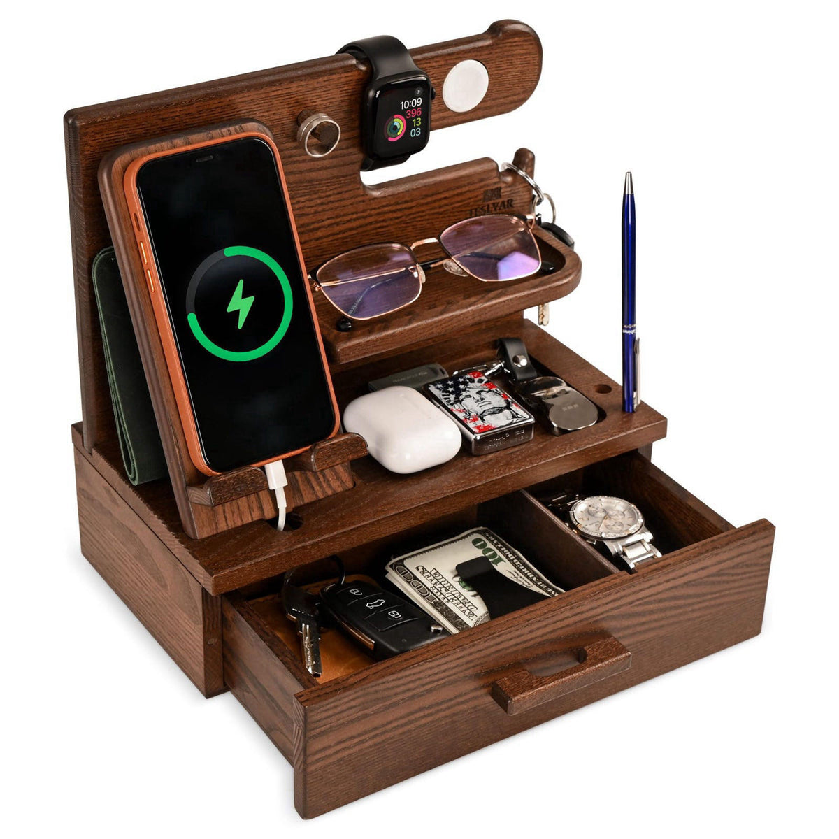 TESLYAR Wood Phone Docking Station with Drawer - Nightstand Organizer for Men, Bedside & Desk Organizer with Apple Watch