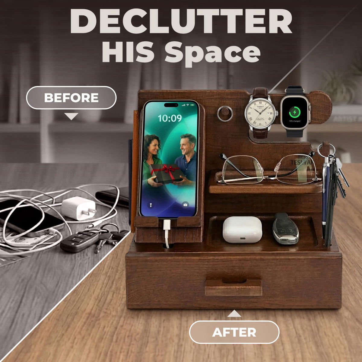 TESLYAR Wood Phone Docking Station with Drawer - Nightstand Organizer for Men, Bedside & Desk Organizer with Apple Watch