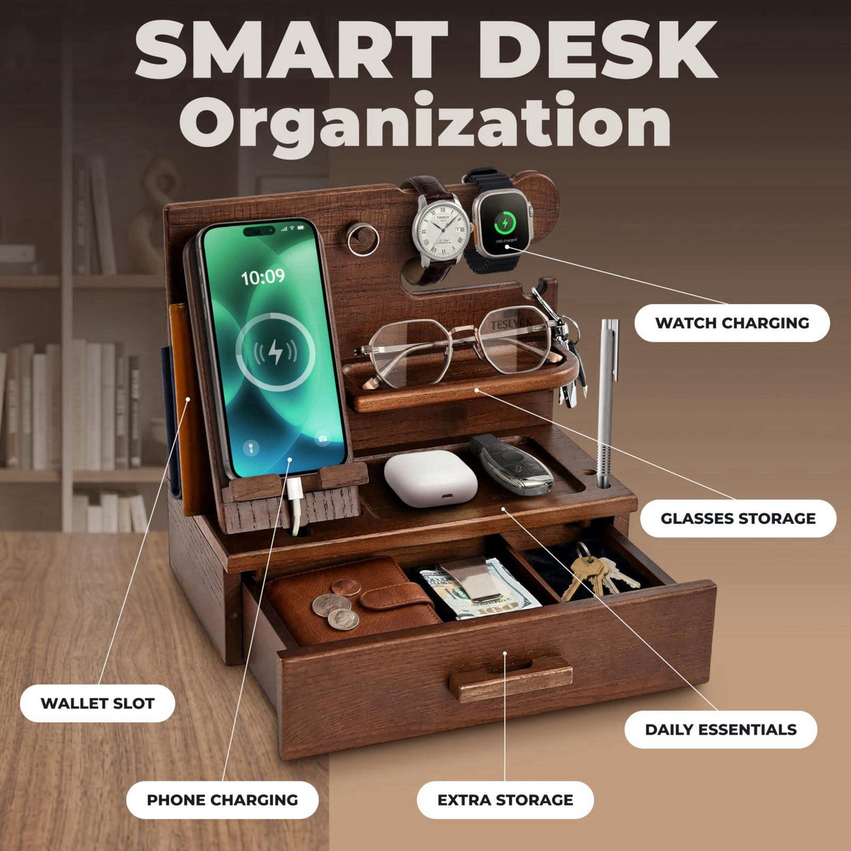 TESLYAR Wood Phone Docking Station with Drawer - Nightstand Organizer for Men, Bedside & Desk Organizer with Apple Watch