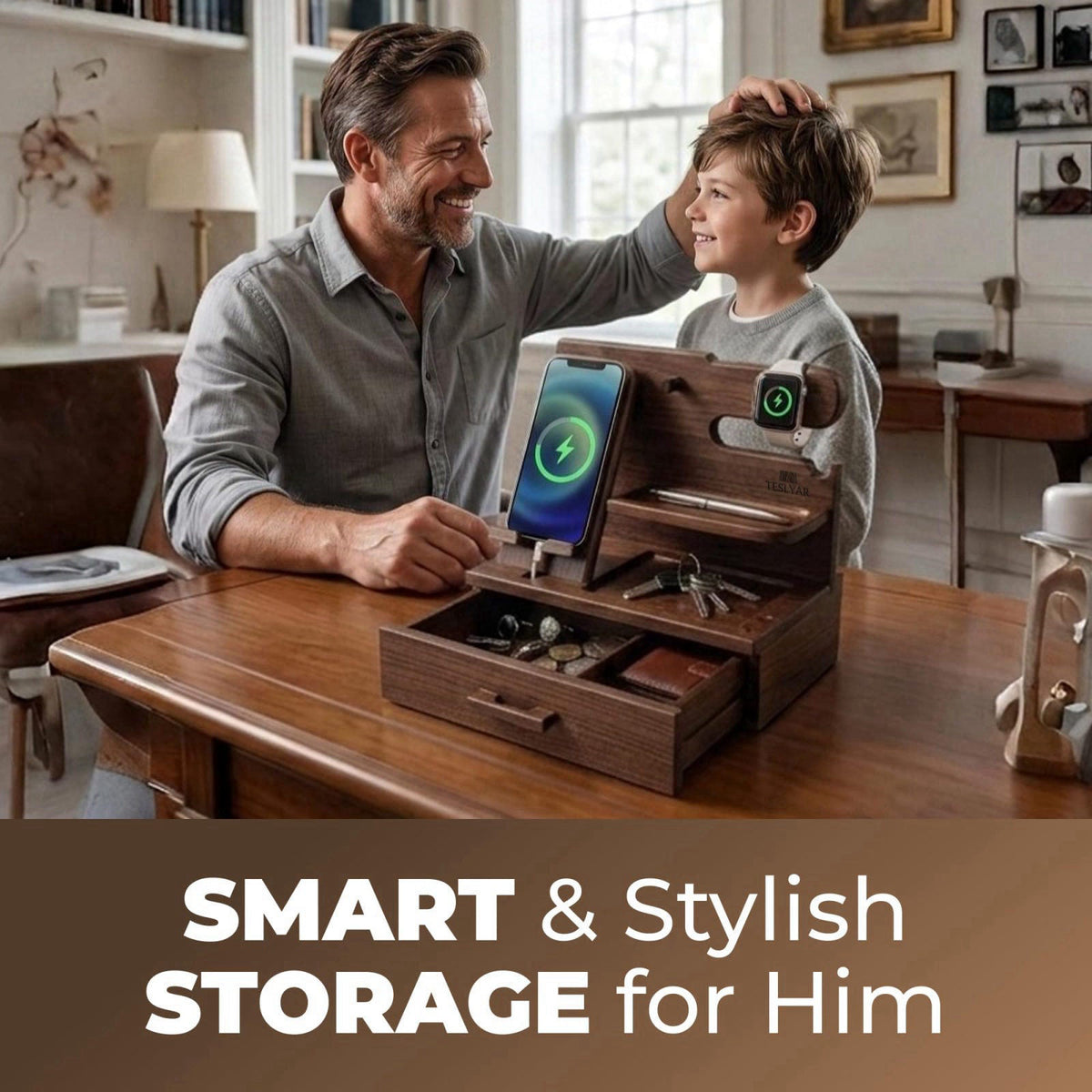 TESLYAR Wood Phone Docking Station with Drawer - Nightstand Organizer for Men, Bedside & Desk Organizer with Apple Watch