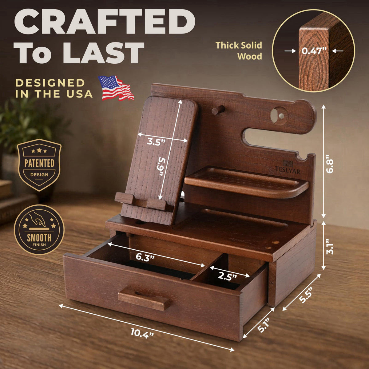 TESLYAR Wood Phone Docking Station with Drawer - Nightstand Organizer for Men, Bedside & Desk Organizer with Apple Watch