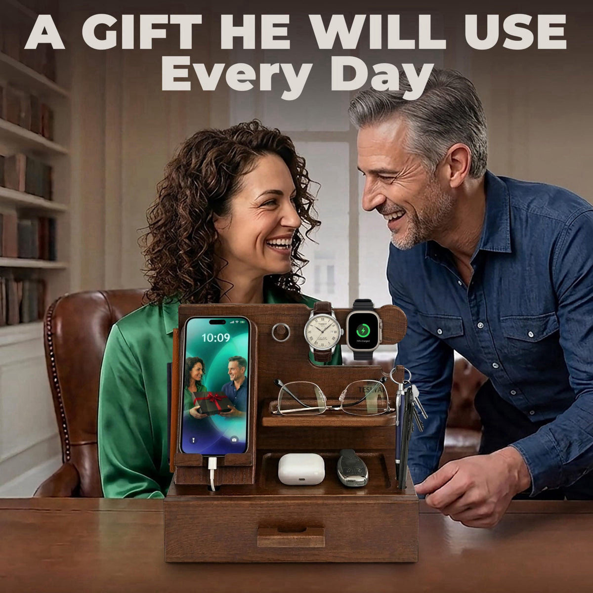 TESLYAR Wood Phone Docking Station with Drawer - Nightstand Organizer for Men, Bedside & Desk Organizer with Apple Watch