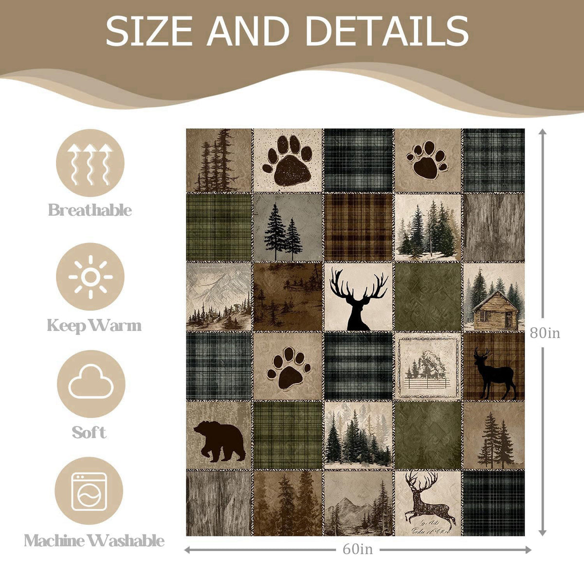 DEMCEAR Rustic Cabin Forest Vintage Patchwork Plaid Blanket, 60x80 Inch – full view