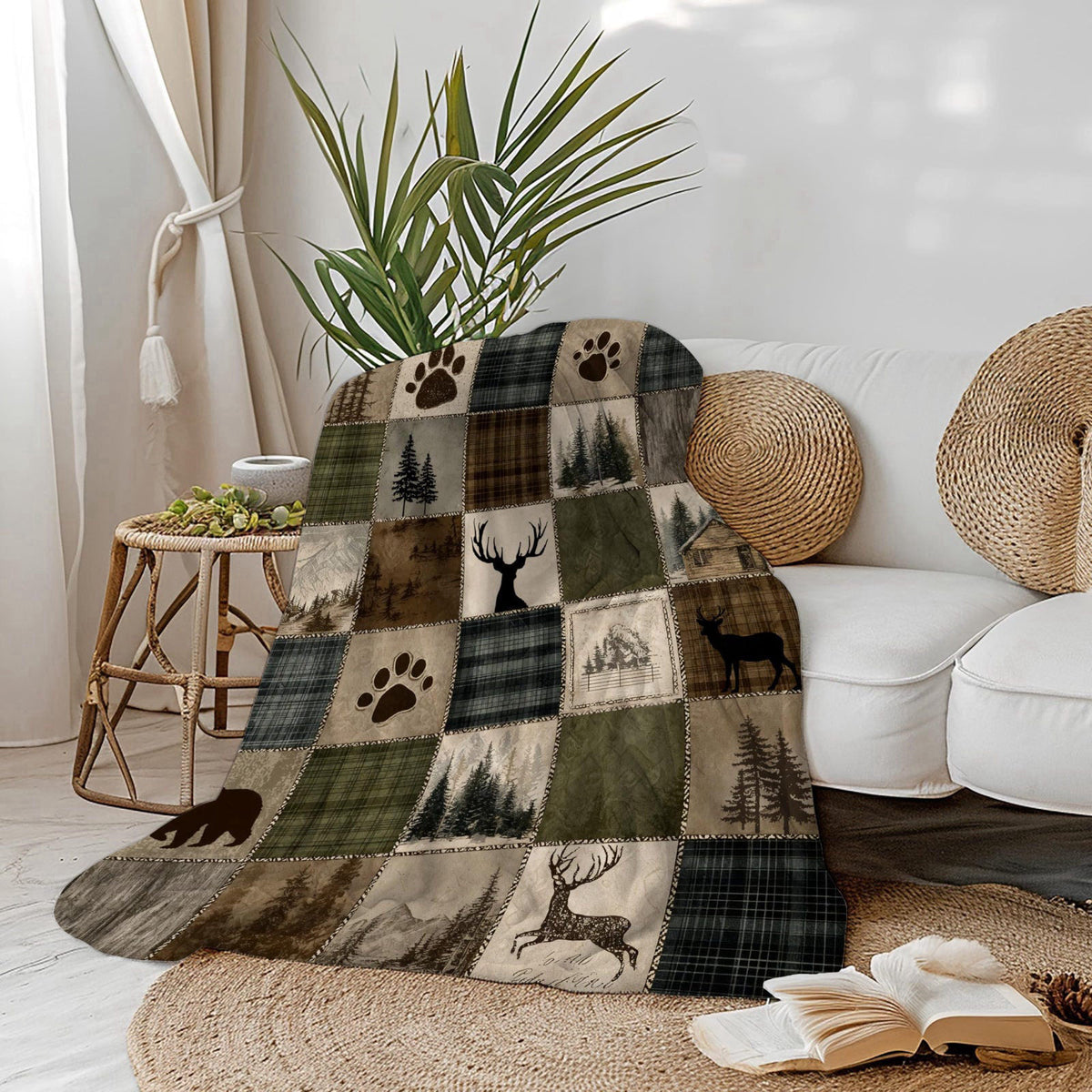 DEMCEAR Rustic Cabin Forest Vintage Patchwork Plaid Blanket, 60x80 Inch – back view and specifications