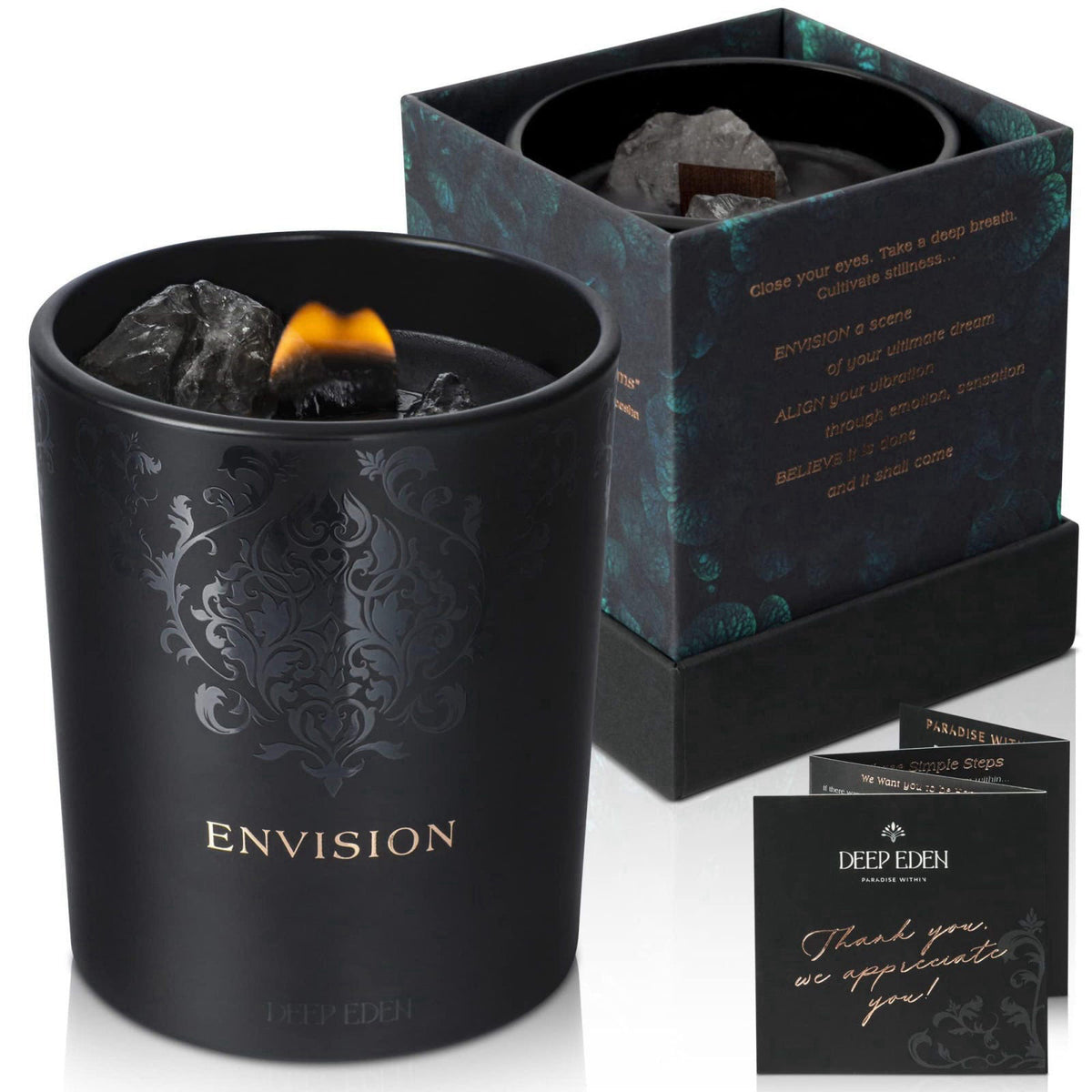 Deep Eden Black Orchid & Pine Moss Scented Crystal Candle - Luxury Manifestation Candle with Smoky Quartz and Clear Quar