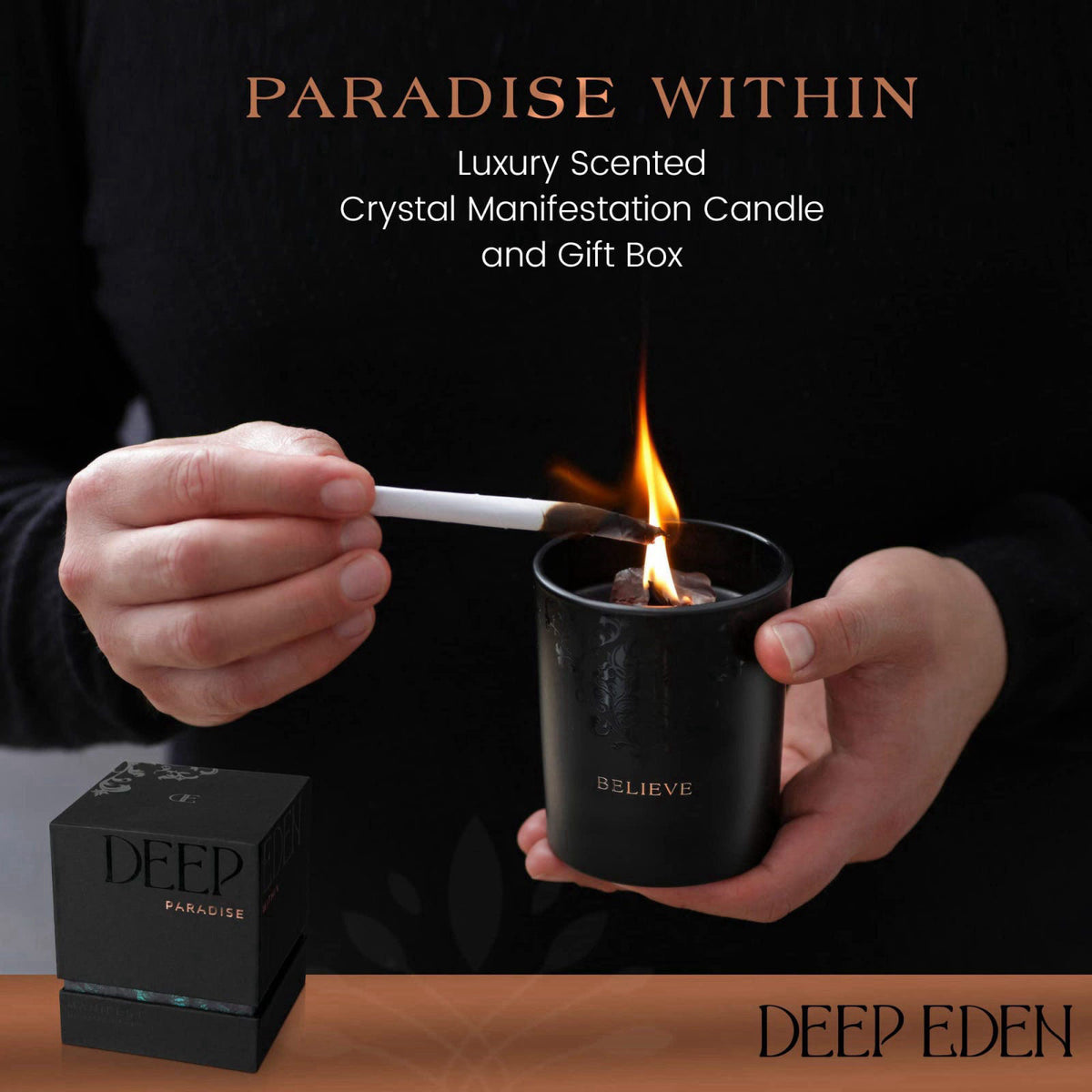 Deep Eden Black Orchid & Pine Moss Scented Crystal Candle - Luxury Manifestation Candle with Smoky Quartz and Clear Quar