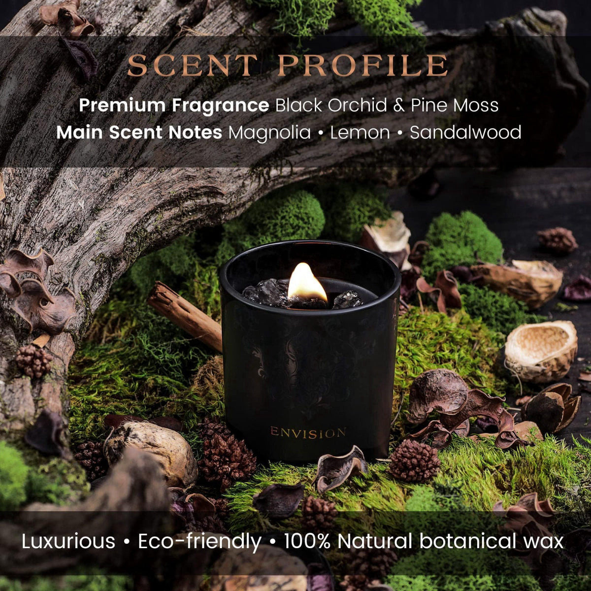 Deep Eden Black Orchid & Pine Moss Scented Crystal Candle - Luxury Manifestation Candle with Smoky Quartz and Clear Quar