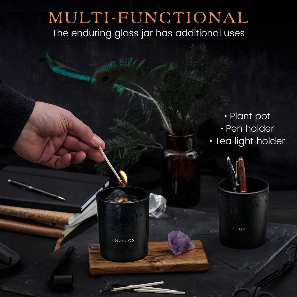 Deep Eden Black Orchid & Pine Moss Scented Crystal Candle - Luxury Manifestation Candle with Smoky Quartz and Clear Quar