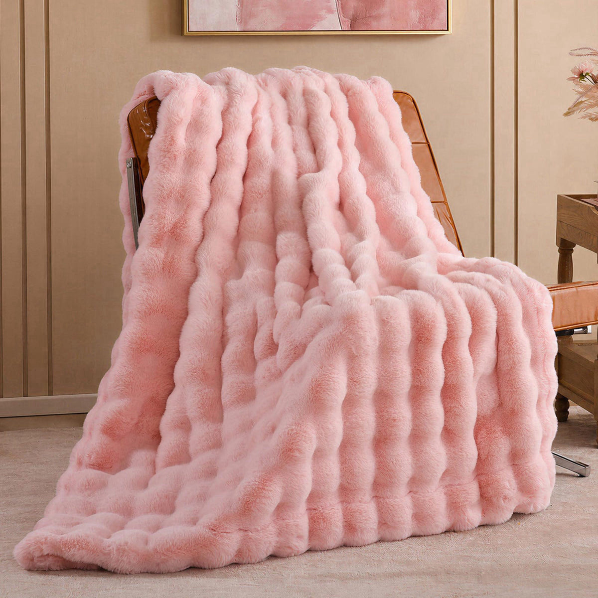 Smoofy Faux Rabbit Fur Throw for Couch - Blush Pink Bubble Blanket 50"x60" – product photo (Throws)