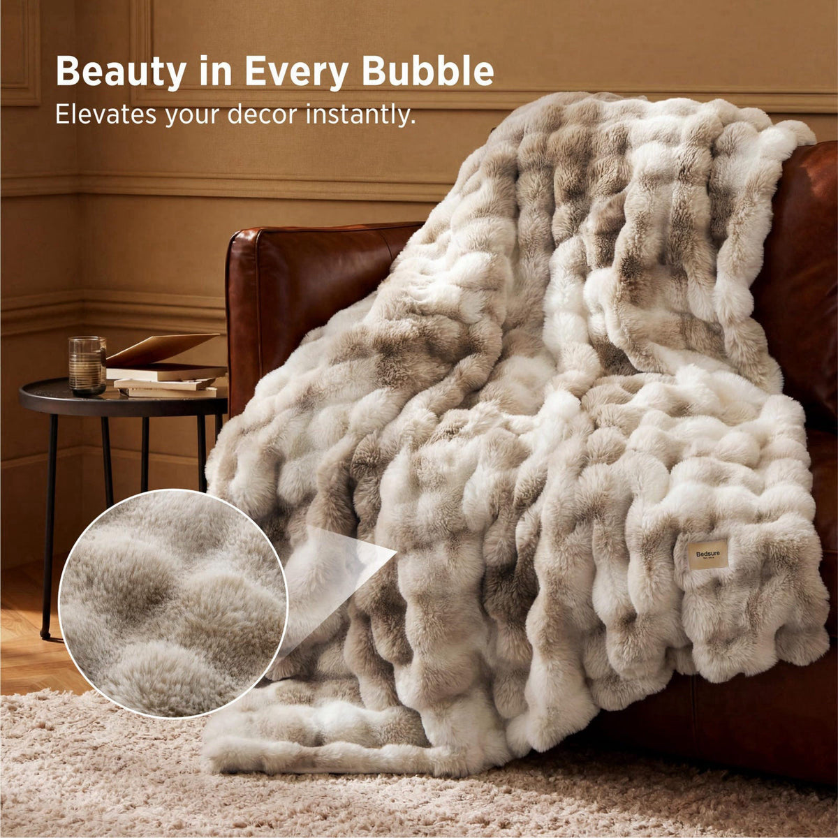 Bedsure Fluffy Bubble Faux Fur Throw XL Blanket, 50"x70", Tie-dye Taupe – packaging and label