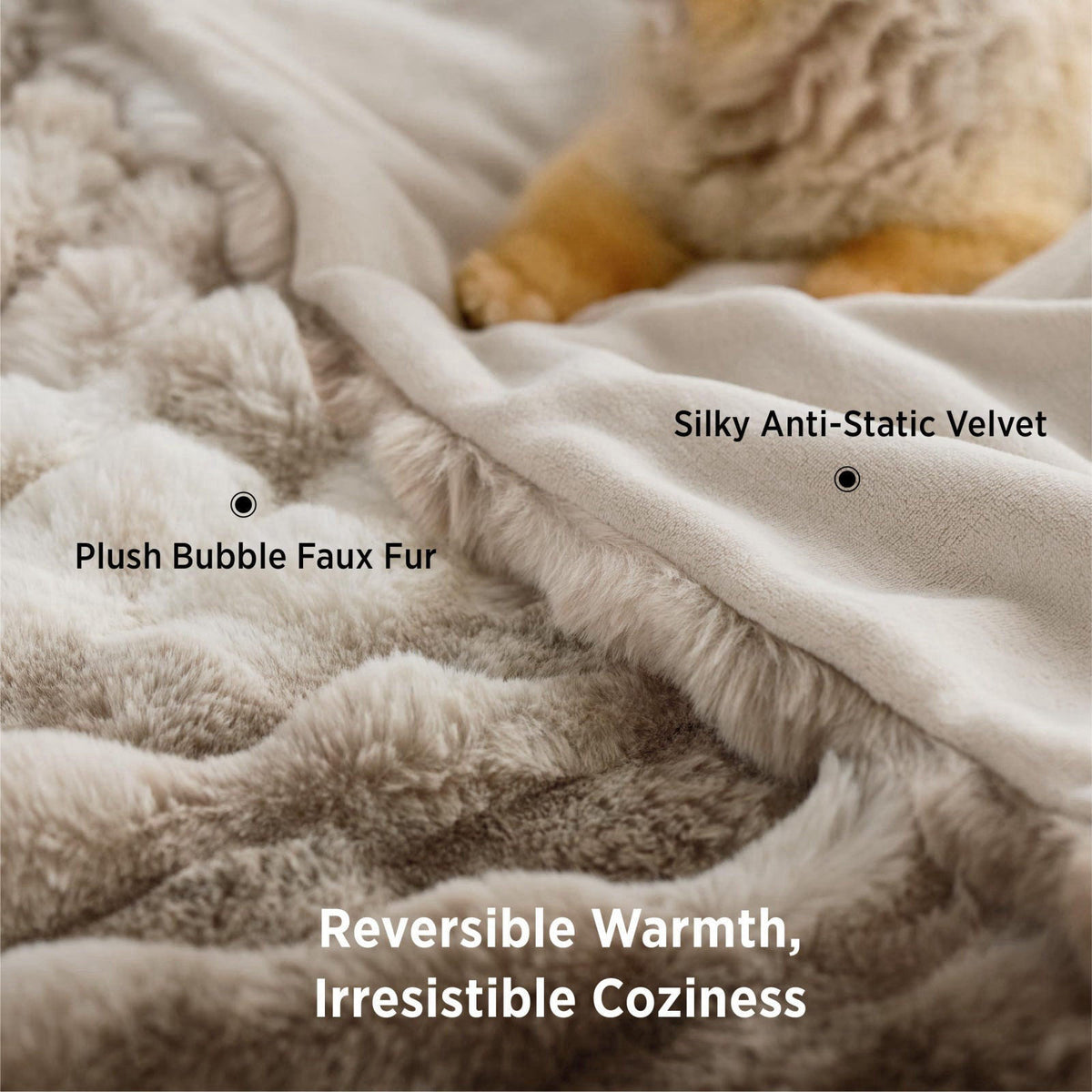 Bedsure Fluffy Bubble Faux Fur Throw XL Blanket, 50"x70", Tie-dye Taupe – back view and specifications