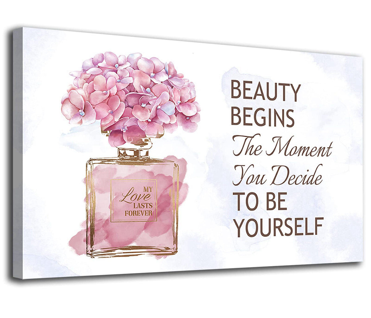 arteWOODS Gold Perfume Bottle Canvas Wall Art Pink Flower Picture Prints, 24"x16" – Inspirational Perfume Flower