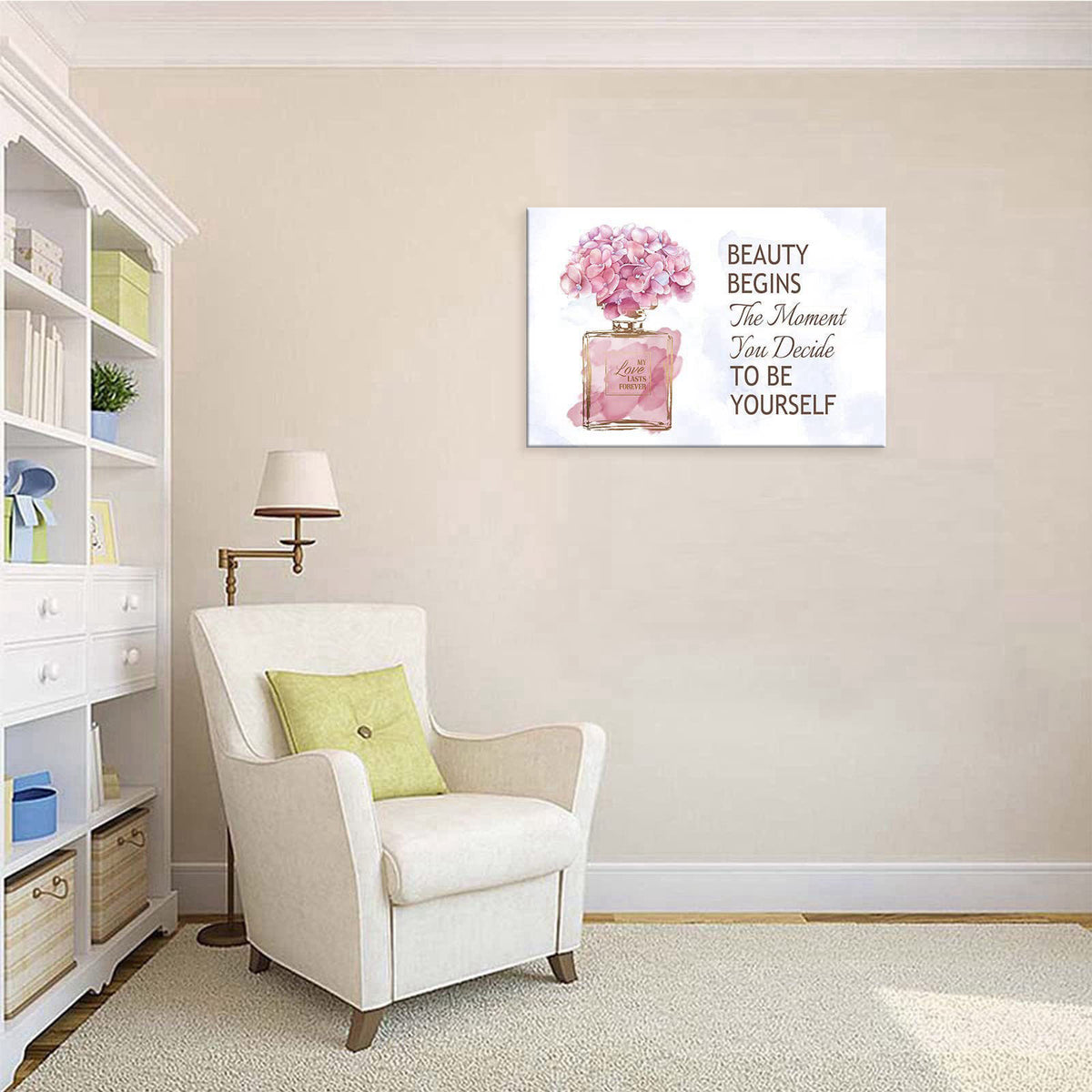 arteWOODS Gold Perfume Bottle Canvas Wall Art Pink Flower Picture Prints, 24"x16" – back view and specifications