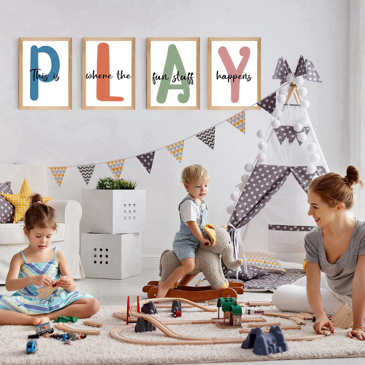 HSDSH Set of 4 Framed Kids Playroom Wall Art Prints, 12x16' Toddler Nursery Children Artwork for Kids Bedroom Decoration