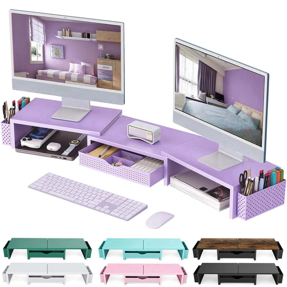 gianotter Dual Monitor Stand Riser With Drawer and 2 Pen Holders – product photo (Desktop &amp; Off-Surface Shelves)