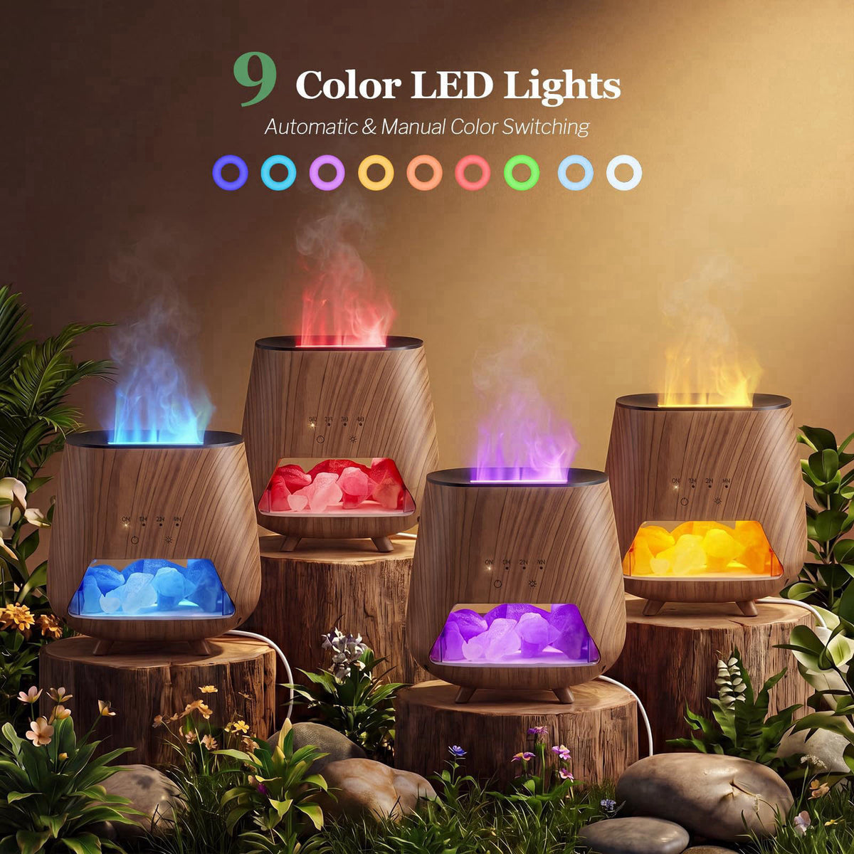OUWEDW Essential Oil Diffuser for Home: 4-in-1 Himalayan Salt Lamp – back view and specifications