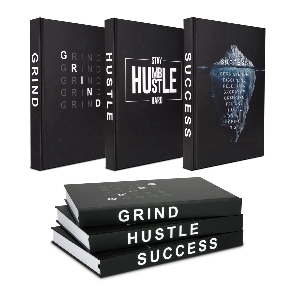 TenXVI Designs Grind Hustle Success Decorative Books for Home Decor, Set of 3 Black Hardcover Books with Lined Pages and