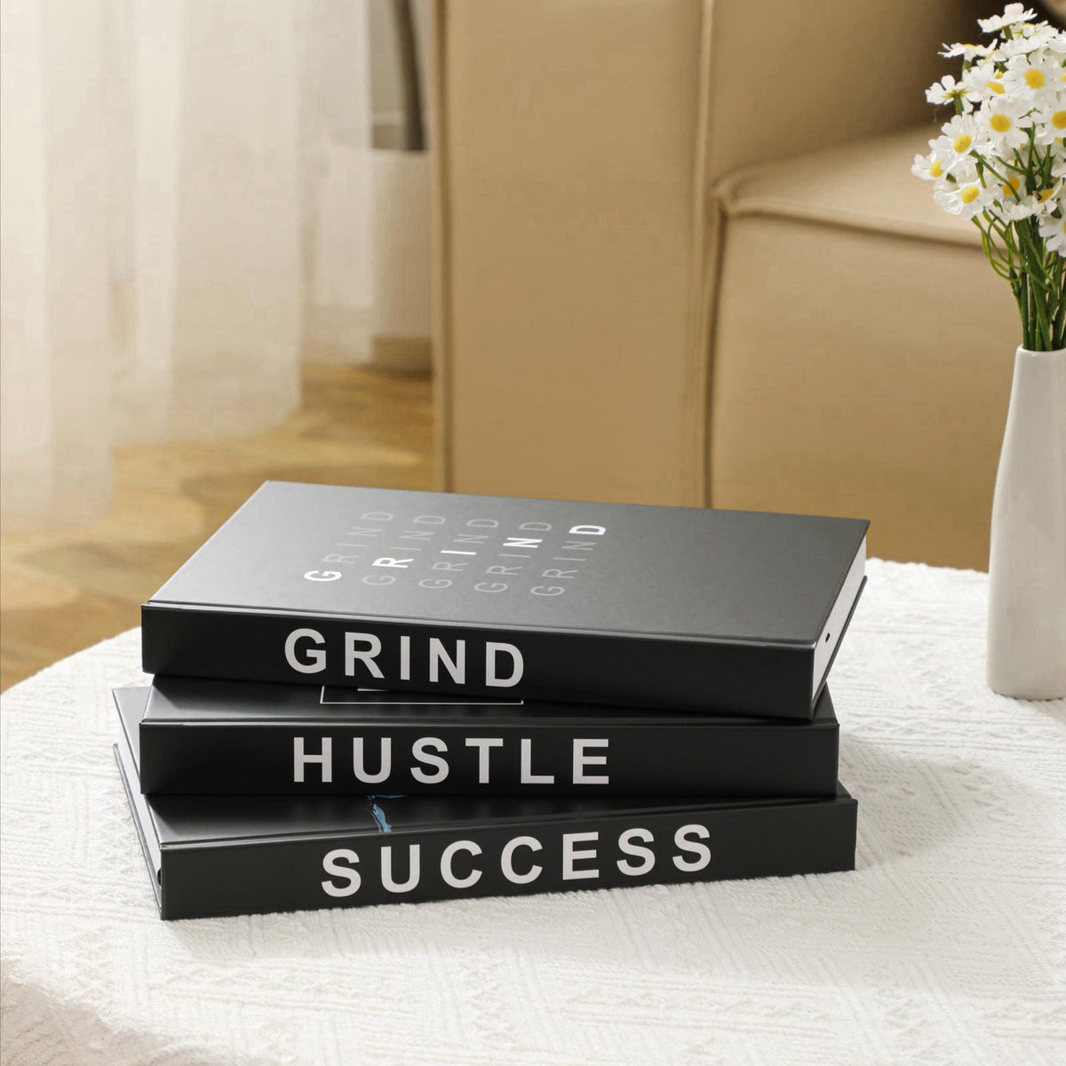 TenXVI Designs Grind Hustle Success Decorative Books for Home Decor, Set of 3 Black Hardcover Books with Lined Pages and