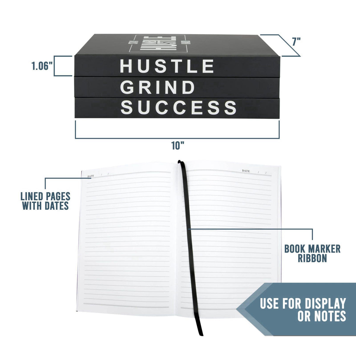 TenXVI Designs Grind Hustle Success Decorative Books for Home Decor, Set of 3 Black Hardcover Books with Lined Pages and