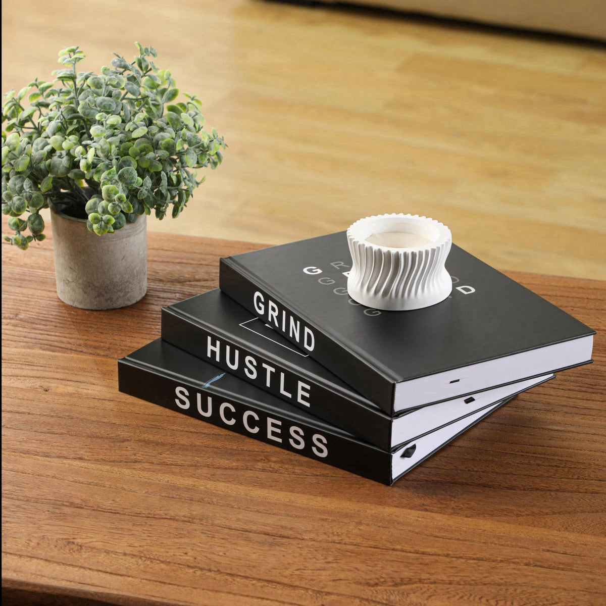 TenXVI Designs Grind Hustle Success Decorative Books for Home Decor, Set of 3 Black Hardcover Books with Lined Pages and